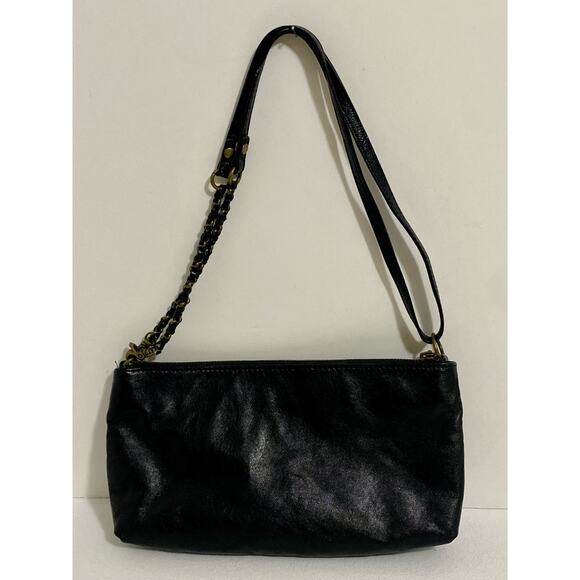 Elliott Lucca Leather Handbag Black Purse Chain Accents Neutral Slim Clutch - Picture 7 of 14